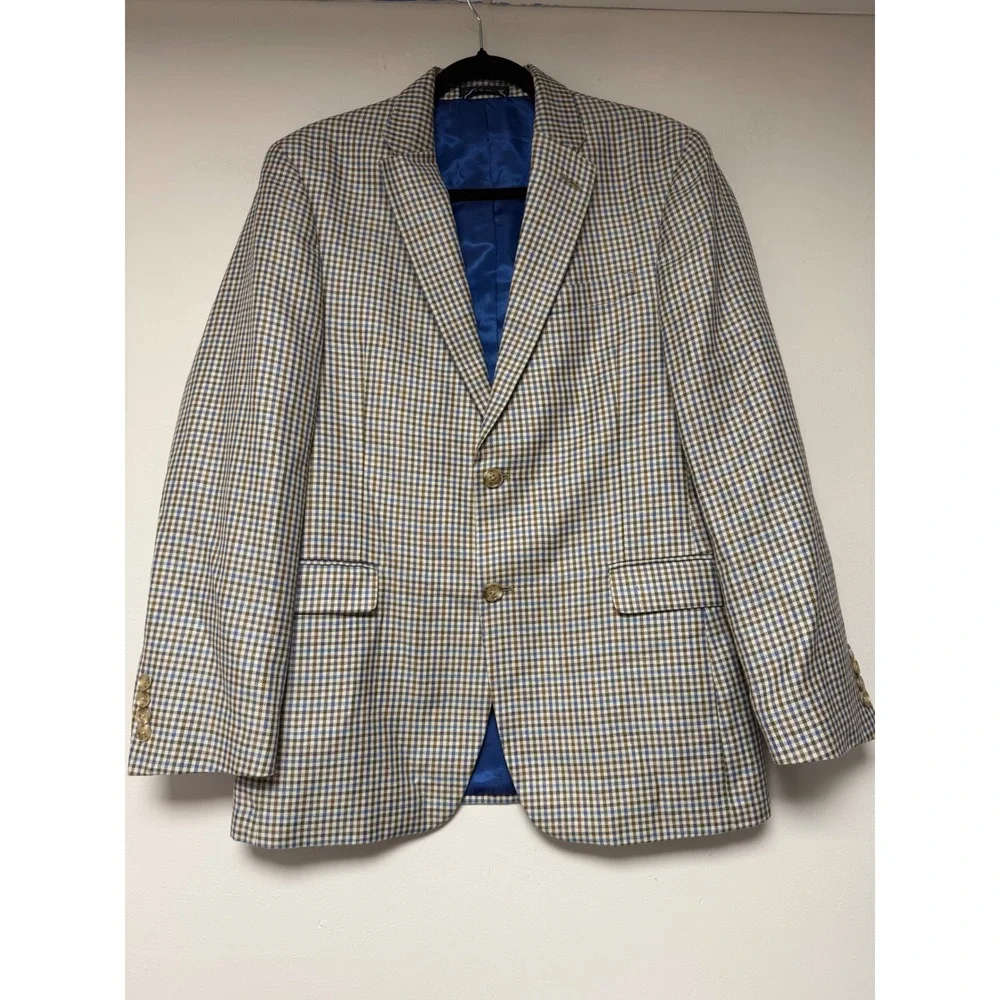Tommy Hilfiger Mens Brown Blue Plaid Linen Blend Blazer Size‎ R38